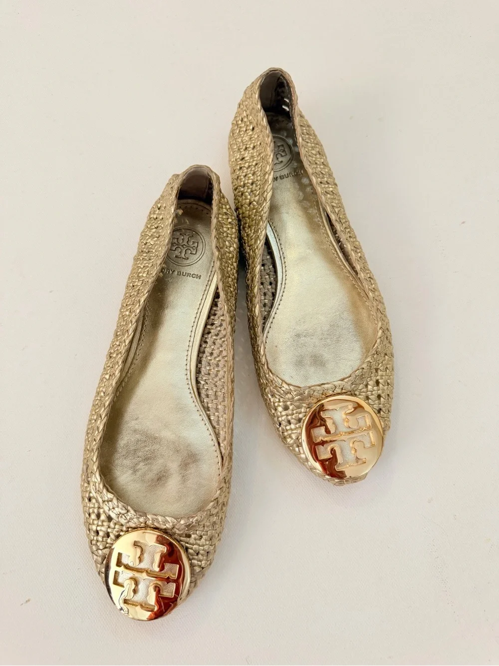 Tory Burch Reva gold metallic wovem raffia ballet flats